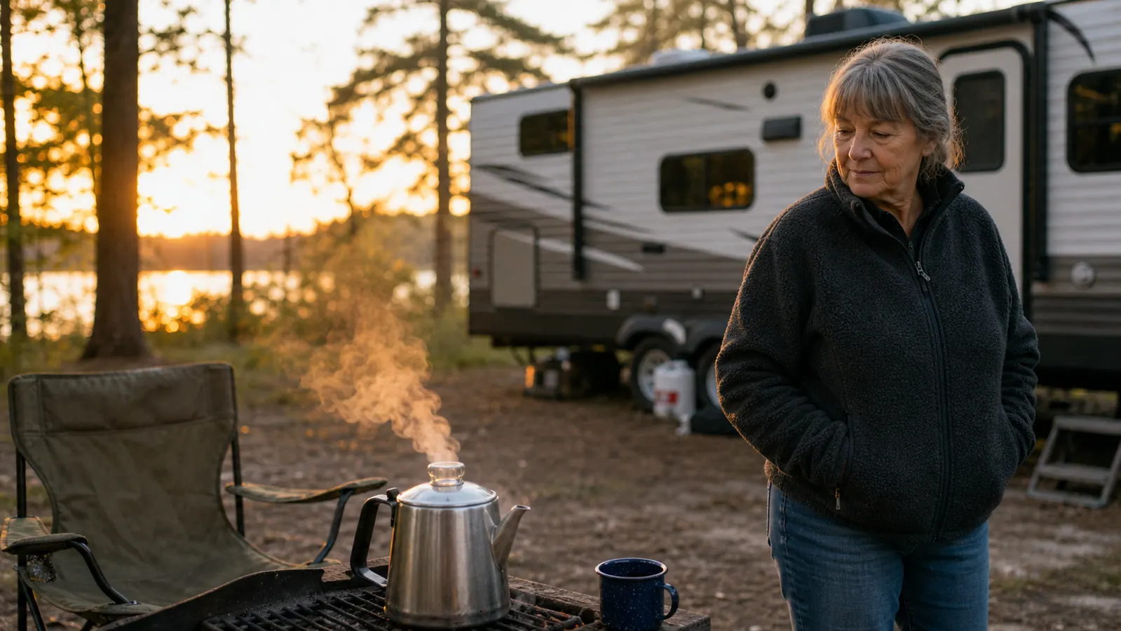 A stainless steel percolator sitting on a campfire grate at sunrise with steam rising from the spout, a travel trailer in soft focus behind it