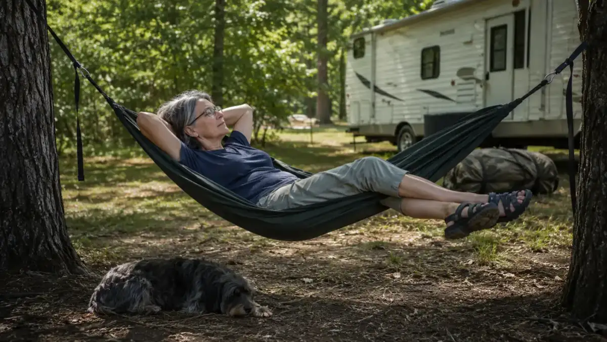 A camping hammock strung between two trees at a shaded campsite with a small mutt dog napping underneath and a packed tent visible nearby unused