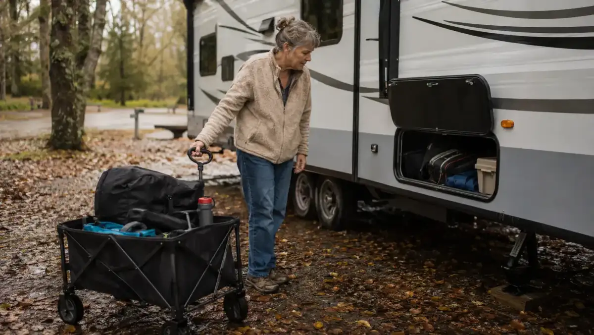 A loaded folding utility wagon parked next to a travel trailer's front storage bay on a muddy shoulder-season campsite with wet leaves scattered on the ground