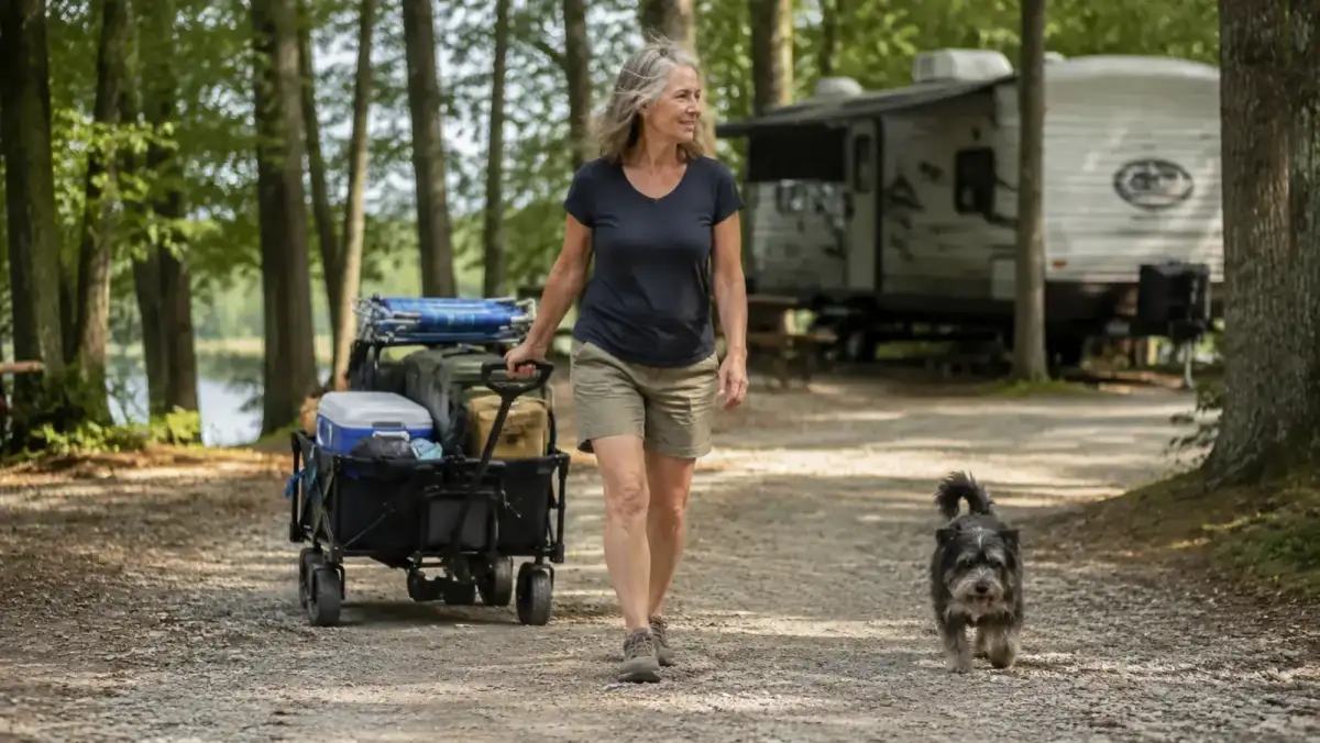 A retired woman pulling a loaded folding utility wagon along a gravel path from a parking pad toward her campsite, a small mutt dog trotting alongside