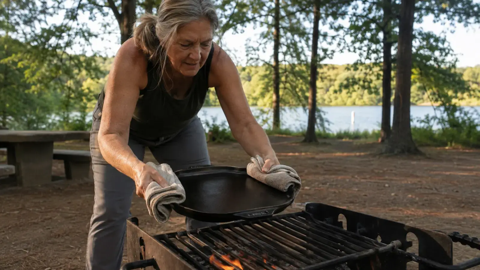 An older woman lifting a heavy cast iron griddle off a campfire grate using a folded towel and both hands