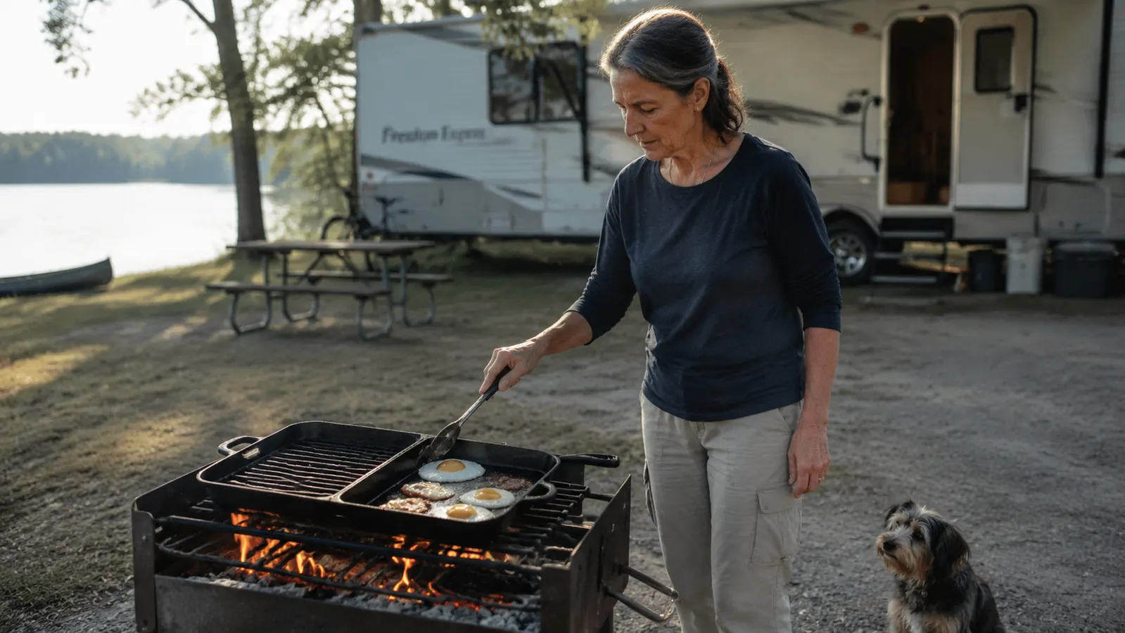 A woman cooking breakfast on a cast iron griddle set over a campfire grate at a quiet lakeside campsite, a mutt dog waiting nearby