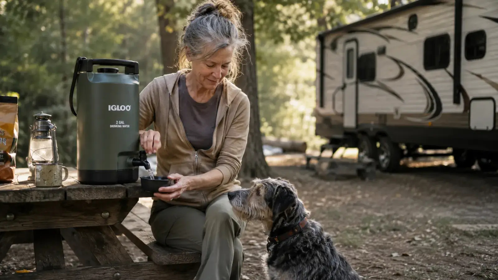 An insulated beverage dispenser with a spout sitting on a picnic table at a shaded campsite, a mutt dog waiting nearby