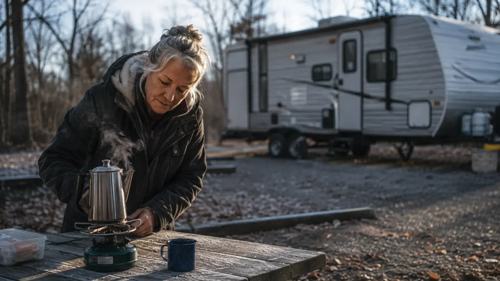 A stainless steel percolator sitting on a camp stove burner at dawn with steam and frost visible on the picnic table nearby