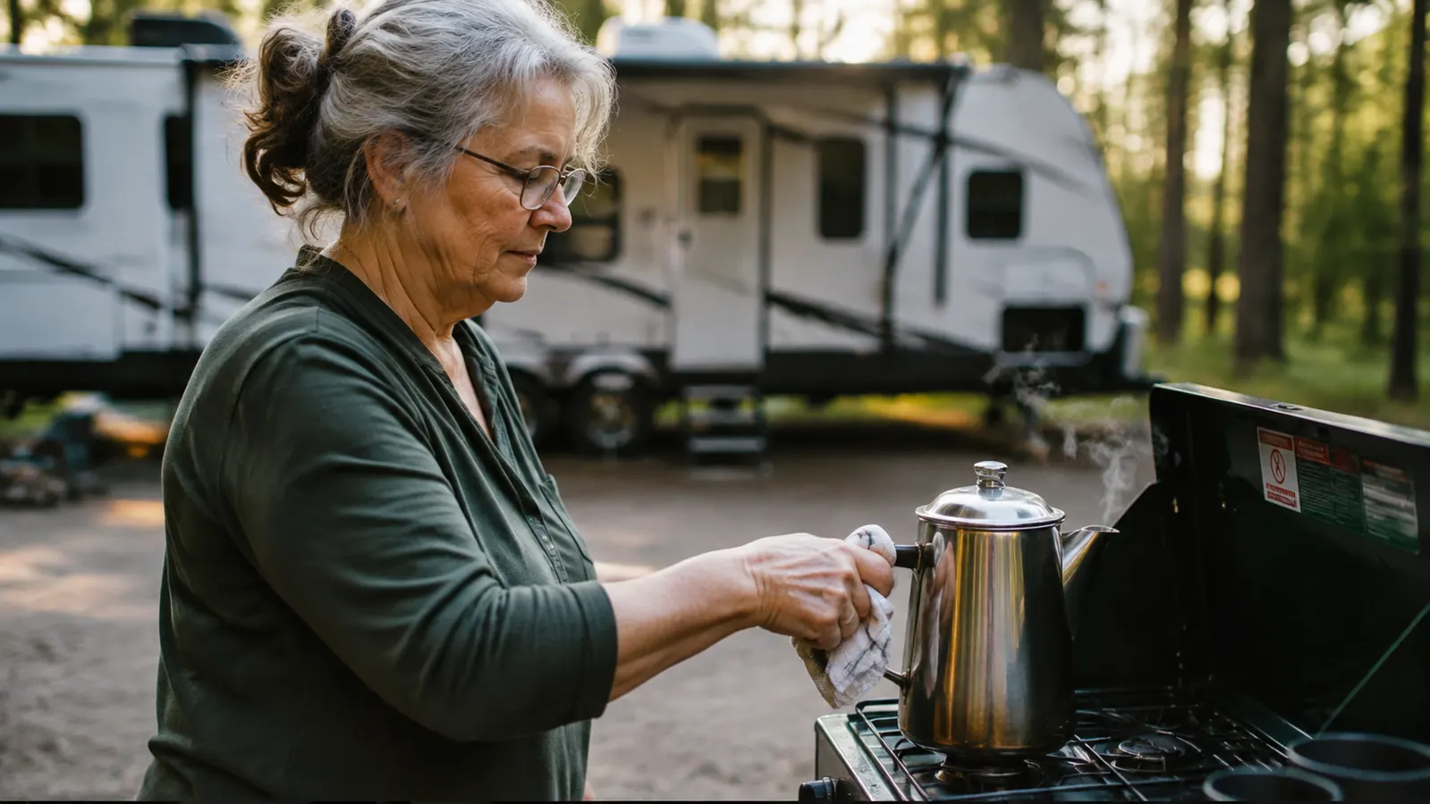 A stainless percolator on a camp stove with a hand wrapped in a dish towel gripping the hot handle