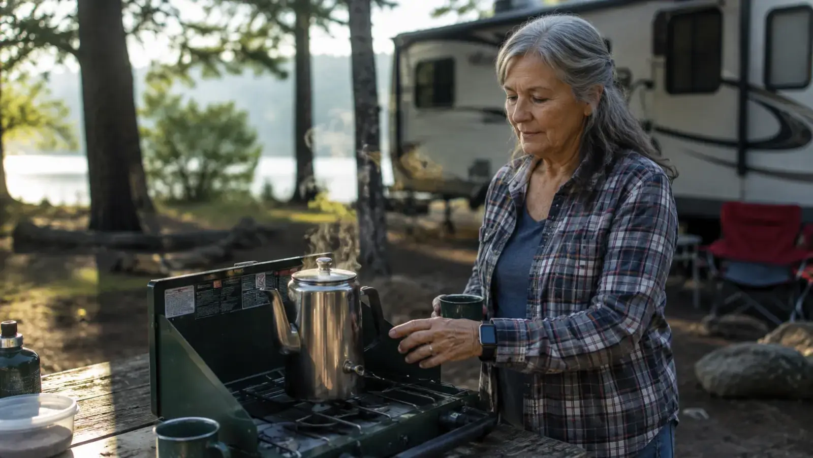 A stainless steel percolator coffee pot sitting on a camp stove grate at dawn with steam rising, a travel trailer softly visible behind it