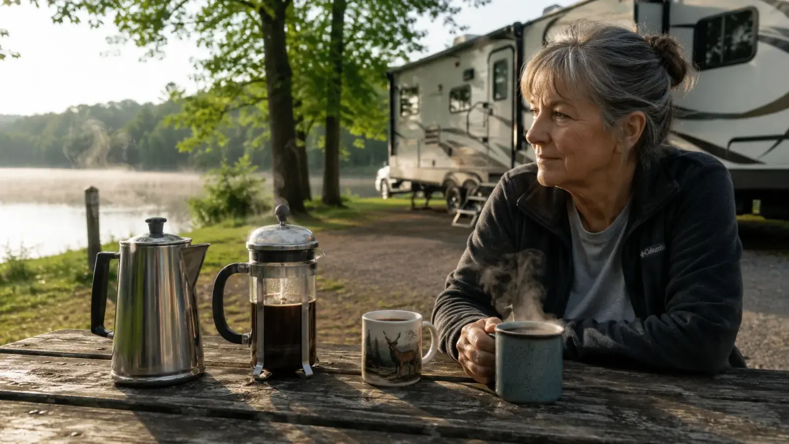A stainless steel percolator and a glass camping French press sitting side by side on a picnic table at a lakeside campsite in early morning light