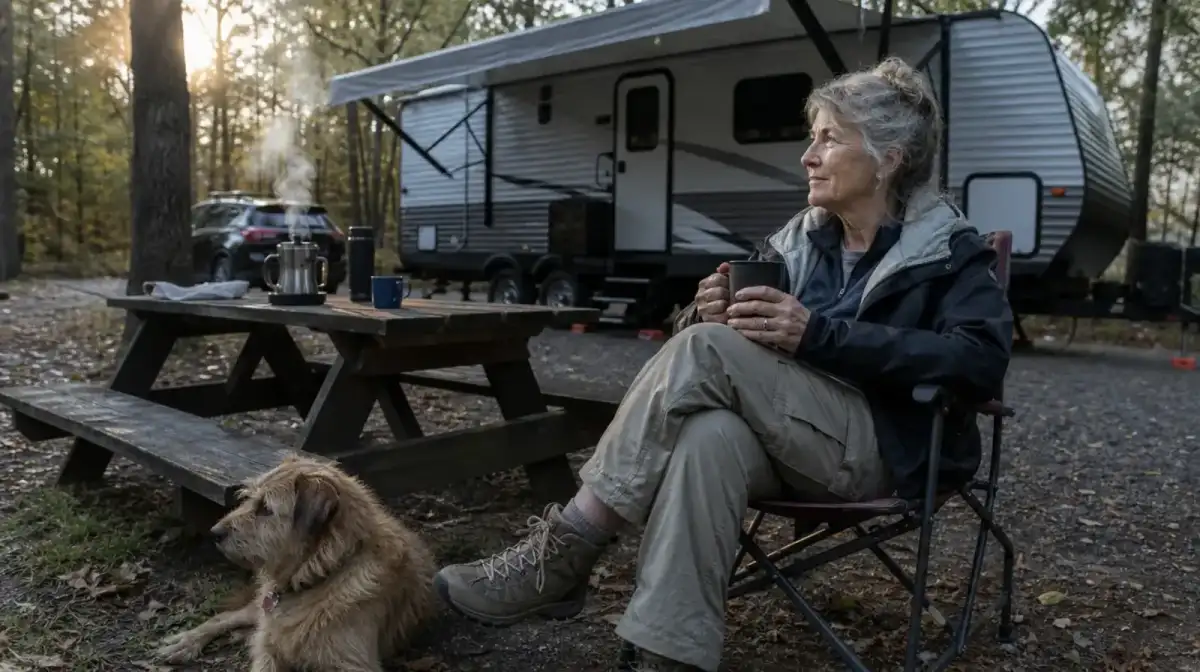 A camp chair, a percolator on a stove, and a mutt lying in the shade beside a travel trailer at a lakeside campground in morning light