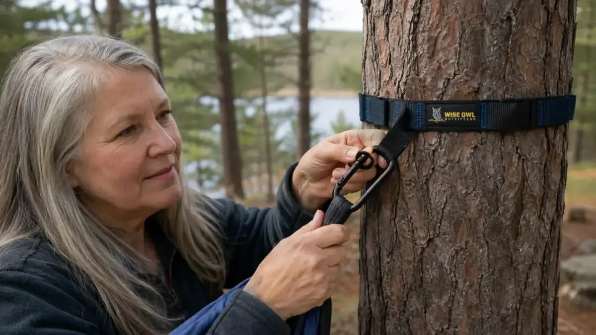 Close-up of a tree strap wrapped flat around a thick pine trunk with the carabiner clipped in at chest height