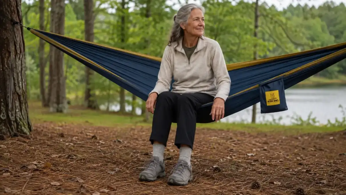 A woman sitting on the edge of a camping hammock with her feet still touching the ground before swinging in