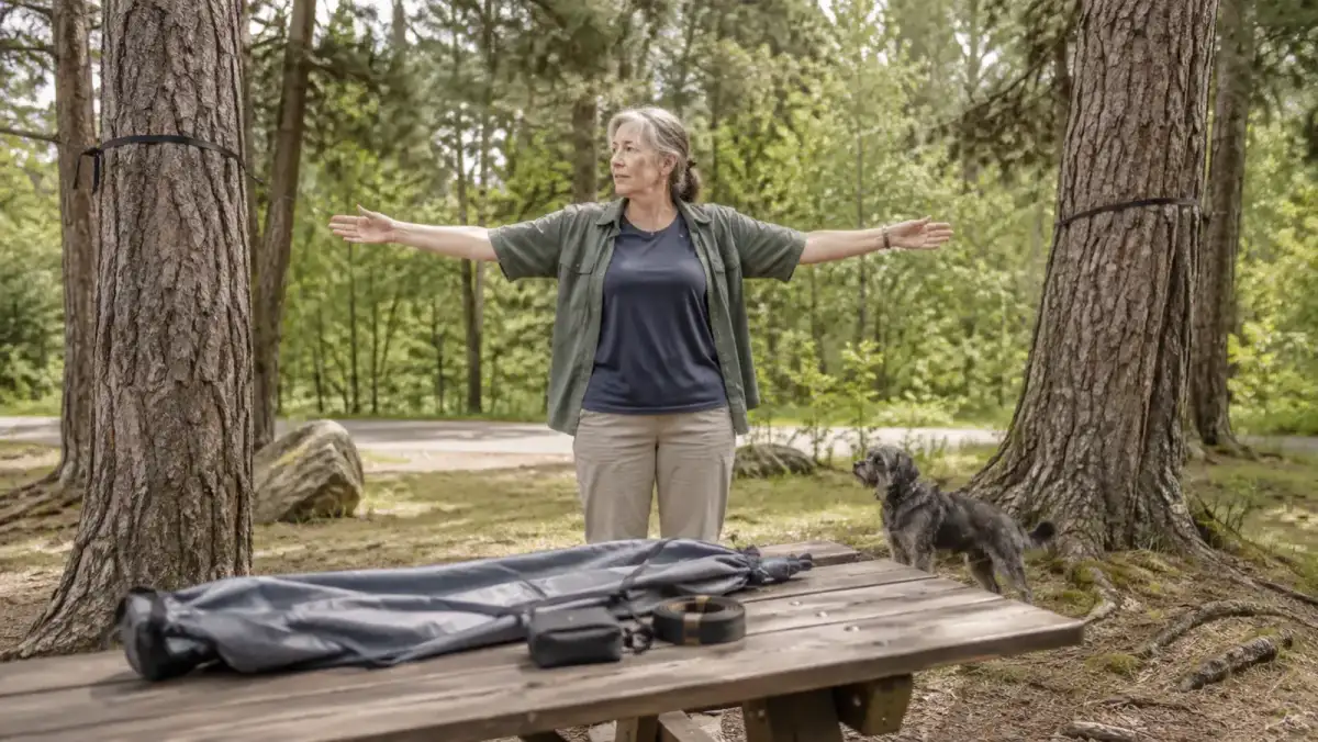 An older woman standing between two trees measuring the distance before hanging a camping hammock