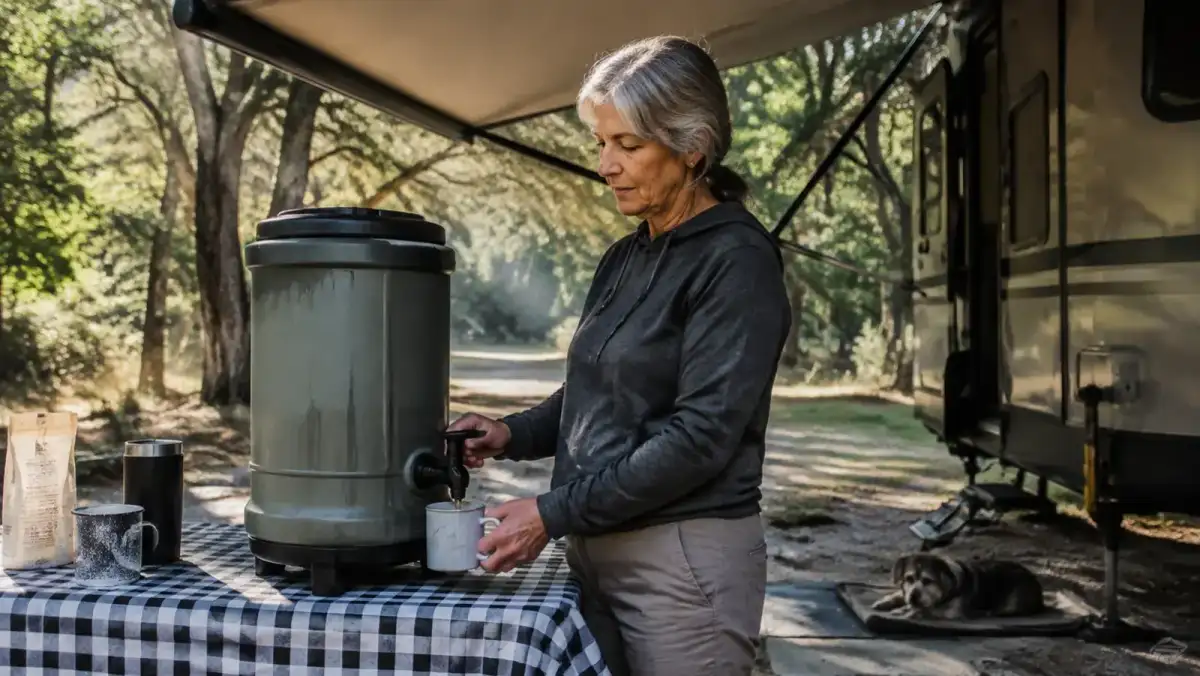 An insulated beverage dispenser with spout sitting in the shade at a campsite picnic table, condensation on the outside