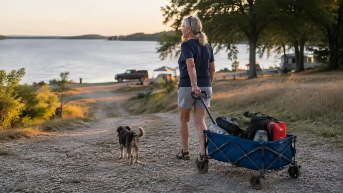 A woman pulling a loaded collapsible wagon down a gentle gravel slope toward a lakeside campsite, walking behind and to the side of the wagon rather than directly in front