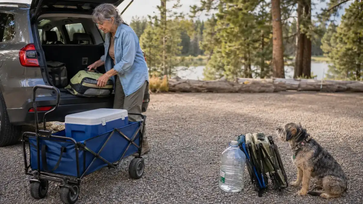 A retired woman loading a blue collapsible folding wagon at the tailgate of an SUV, cooler already set low in the wagon bed, a small mutt dog watching nearby
