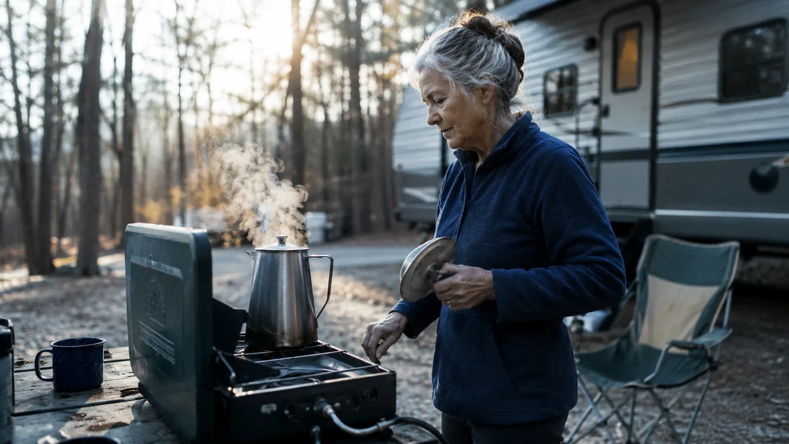 A stainless steel percolator coffee pot sitting on a camp stove burner at dawn with steam rising from the spout