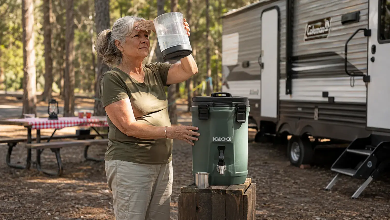 A woman standing next to an insulated water dispenser set on a wooden crate at a campsite, checking the water level against the sun
