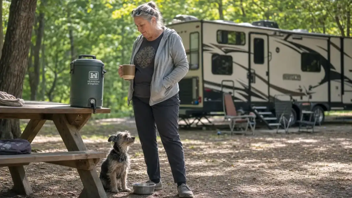 An insulated water dispenser with a spigot sitting on a picnic table at a shaded campsite, a small mutt dog waiting nearby with an empty bowl