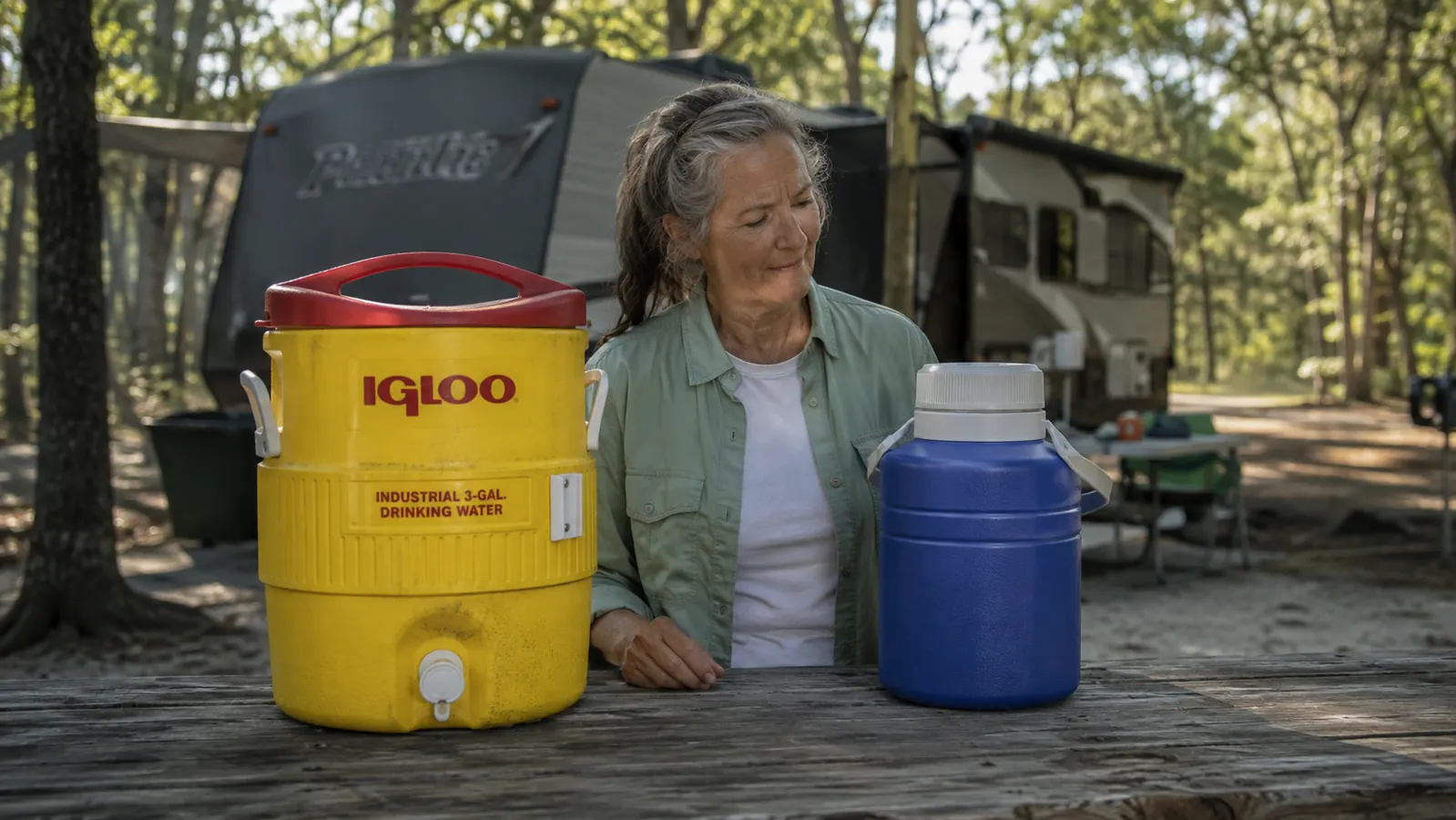 An insulated water dispenser with a push-button spout sitting on a picnic table next to a plain hard-sided water jug at a campsite