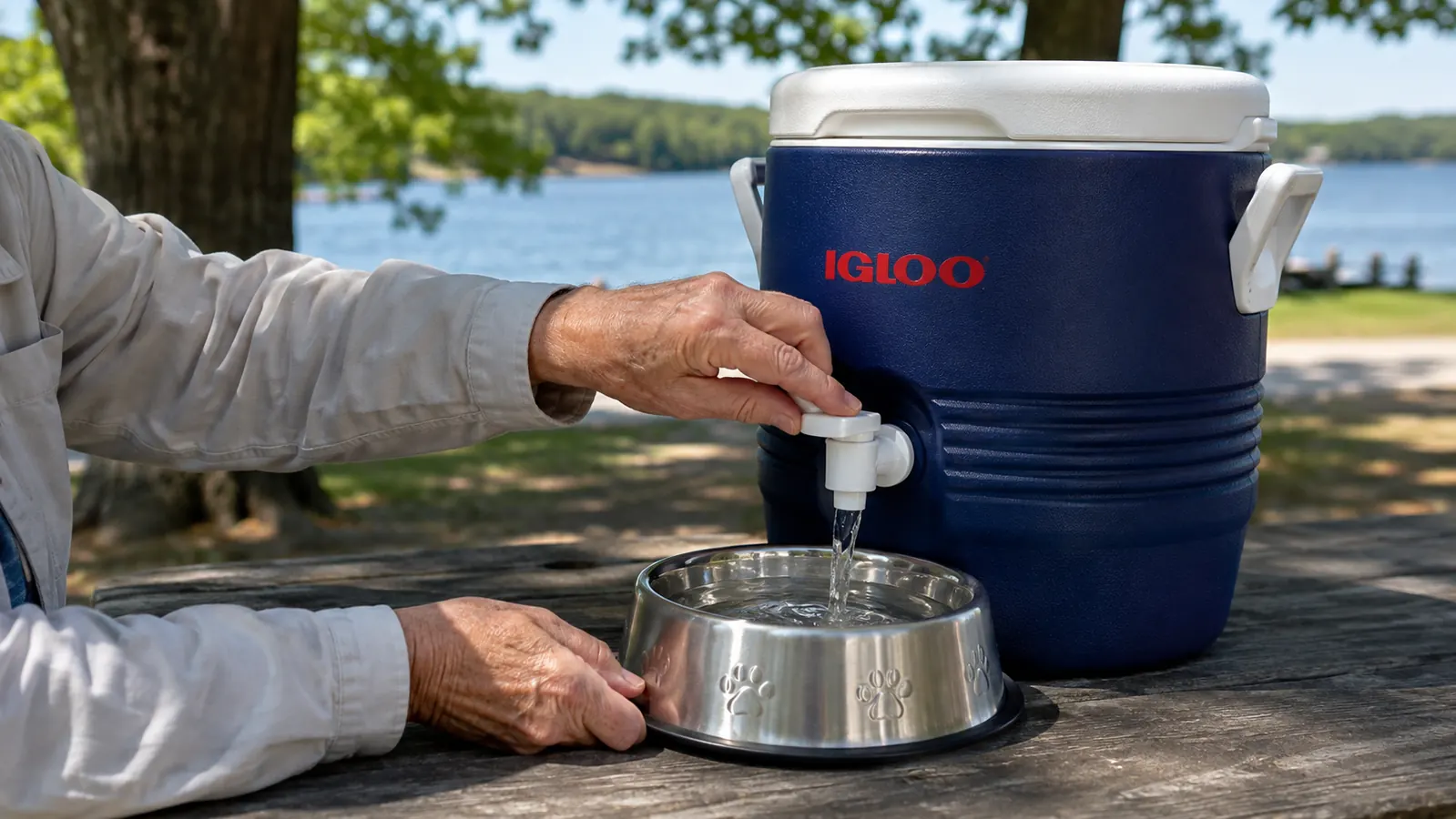 Hands pouring cold water from an insulated beverage dispenser with a spout into a dog bowl on a picnic table