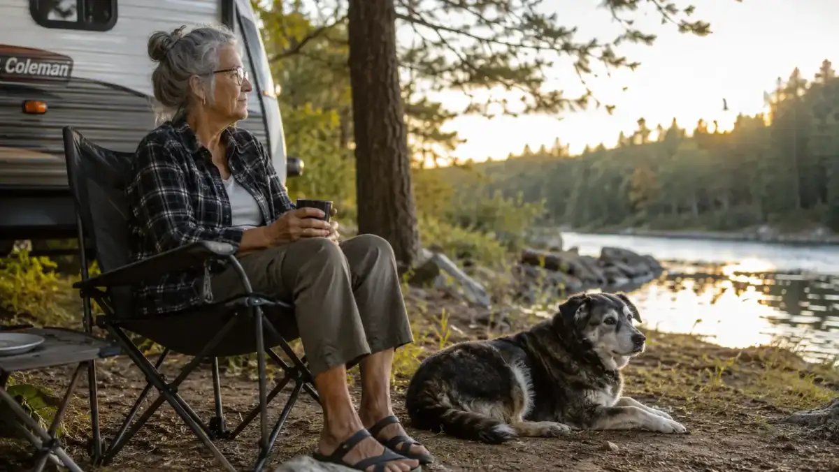 A dog resting comfortably in the shade near a trailer while its owner sits nearby in a folding chair at golden hour