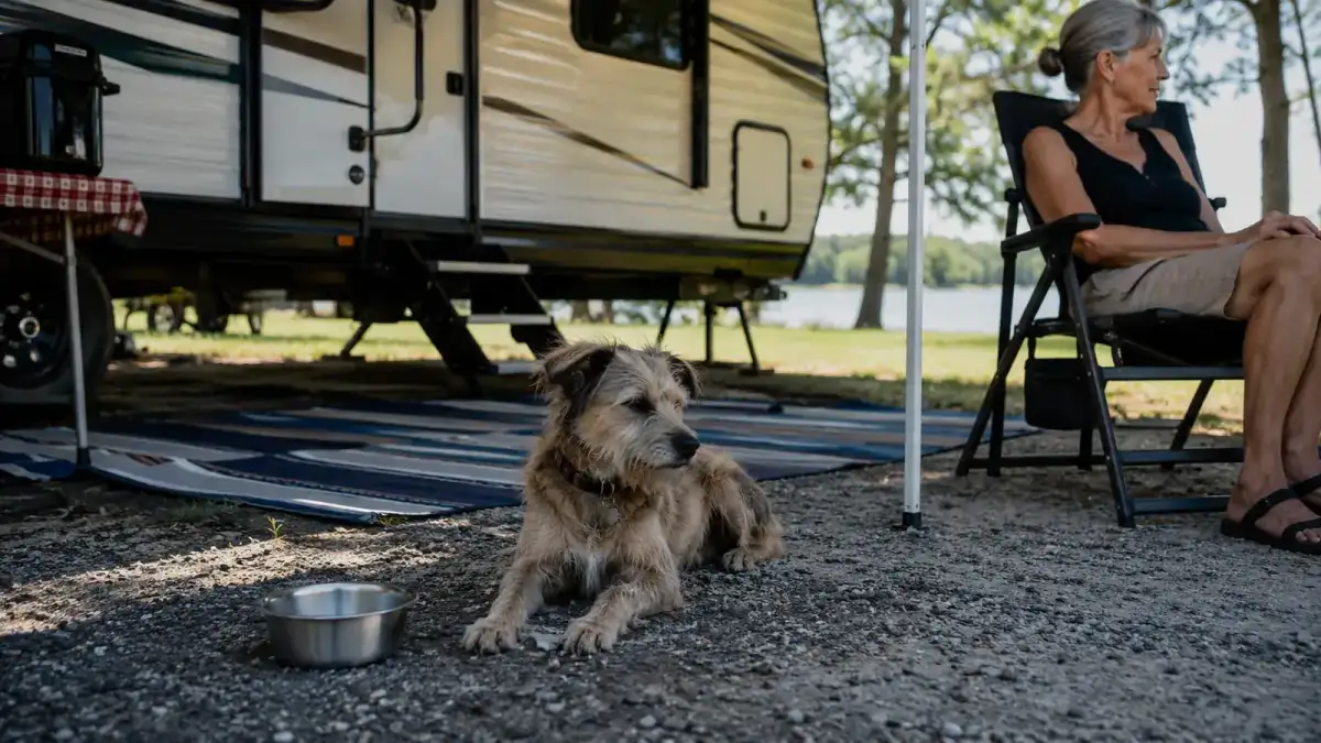 A scruffy mutt dog lying in the shade of a travel trailer awning next to a stainless bowl at a lakeside campsite