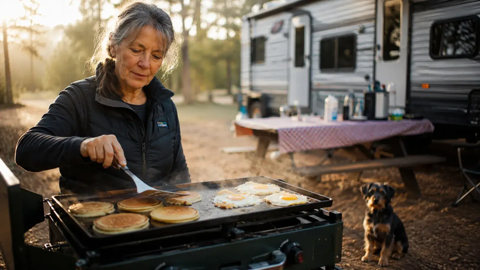 A cast iron griddle covered in pancakes and eggs sitting on a two-burner camp stove at a lakeside campsite in early morning light