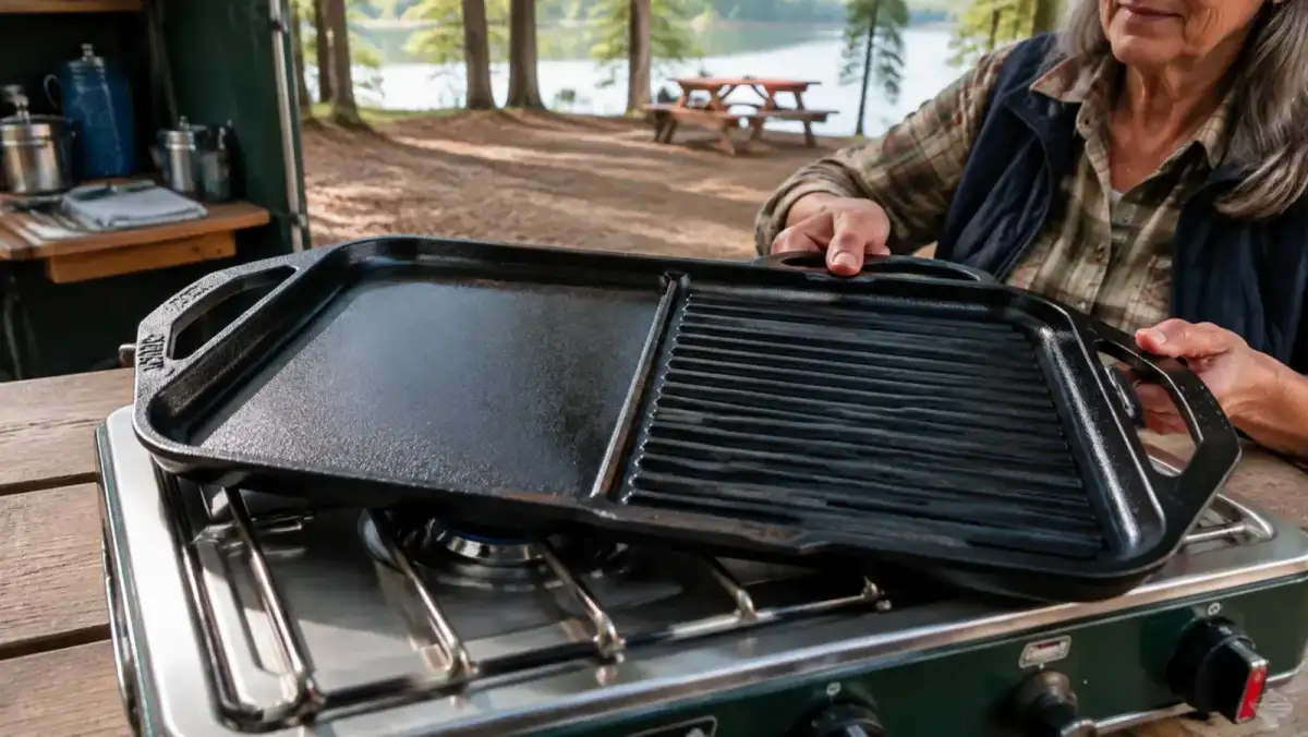 The reversible cast iron griddle pan resting on a camp stove grate showing both the flat griddle side and the ridged grill side