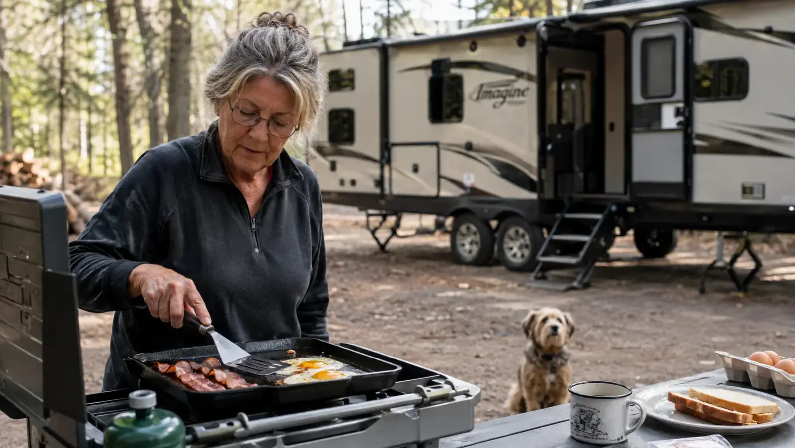 An older woman standing at a small camp table cooking eggs and bacon on a cast iron griddle over a two-burner stove, morning light