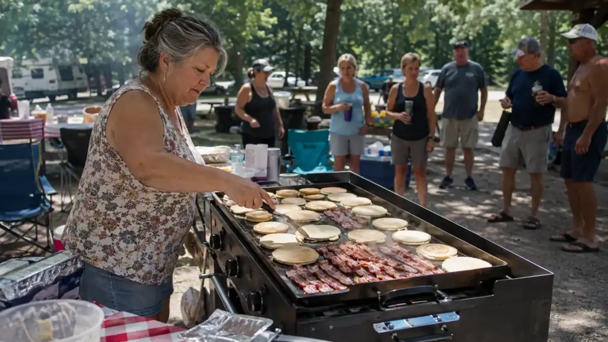 A wide two-burner griddle system covered in pancakes cooking for a group at a busy campground picnic area