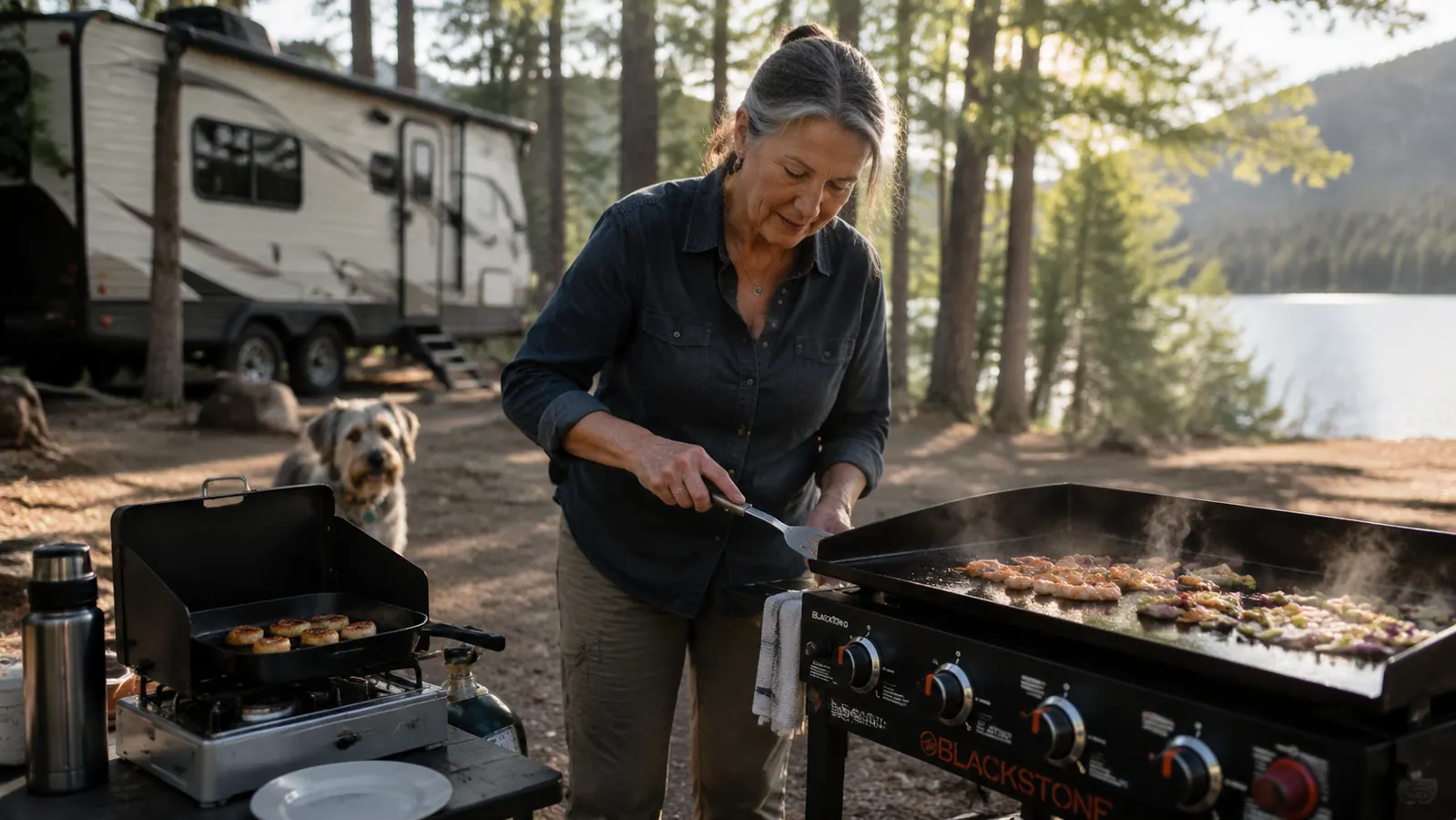 Two camp cooking setups side by side at a lakeside campsite, one a flat cast iron griddle on a small stove and the other a wider standalone two-burner griddle system
