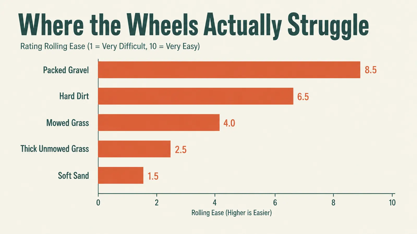 Chart comparing how easily the wagon's wheels roll across five different ground surfaces