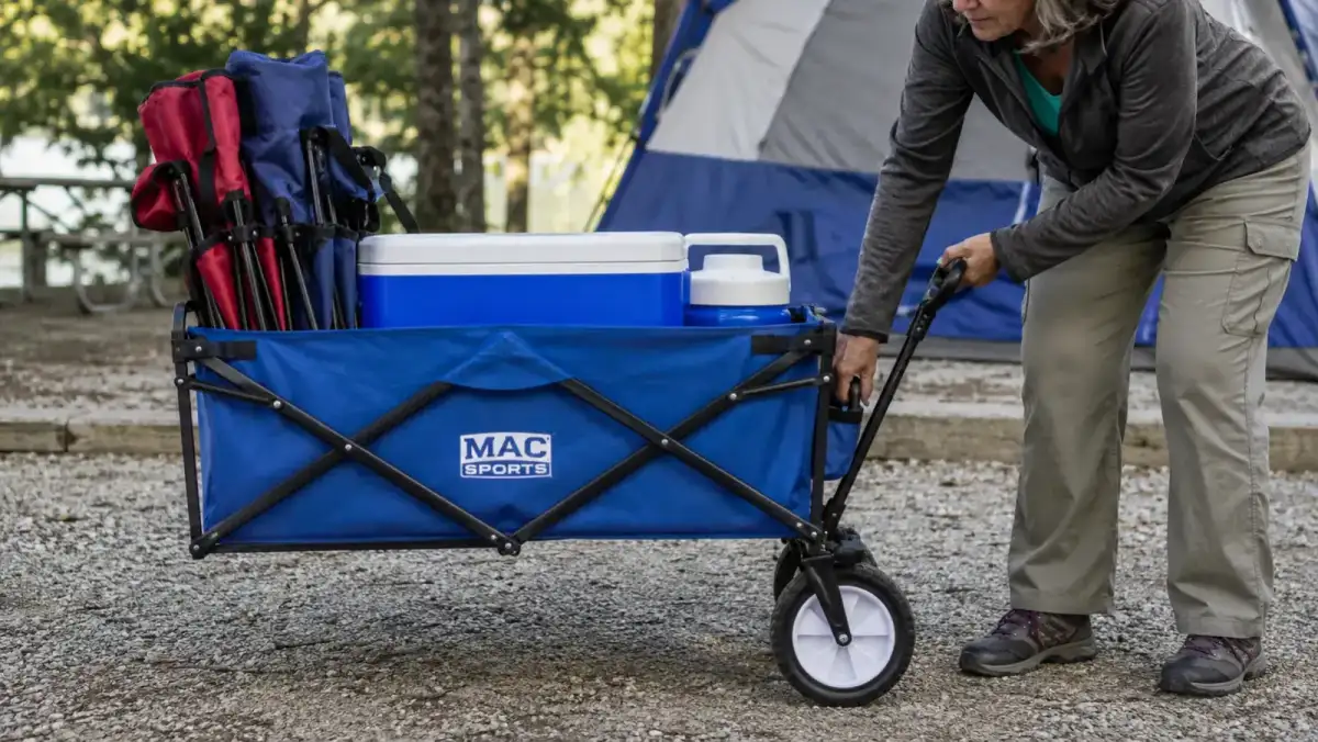 Close-up of the wagon's fabric bed loaded with a cooler, folding chairs, and a water jug, wheels resting on gravel