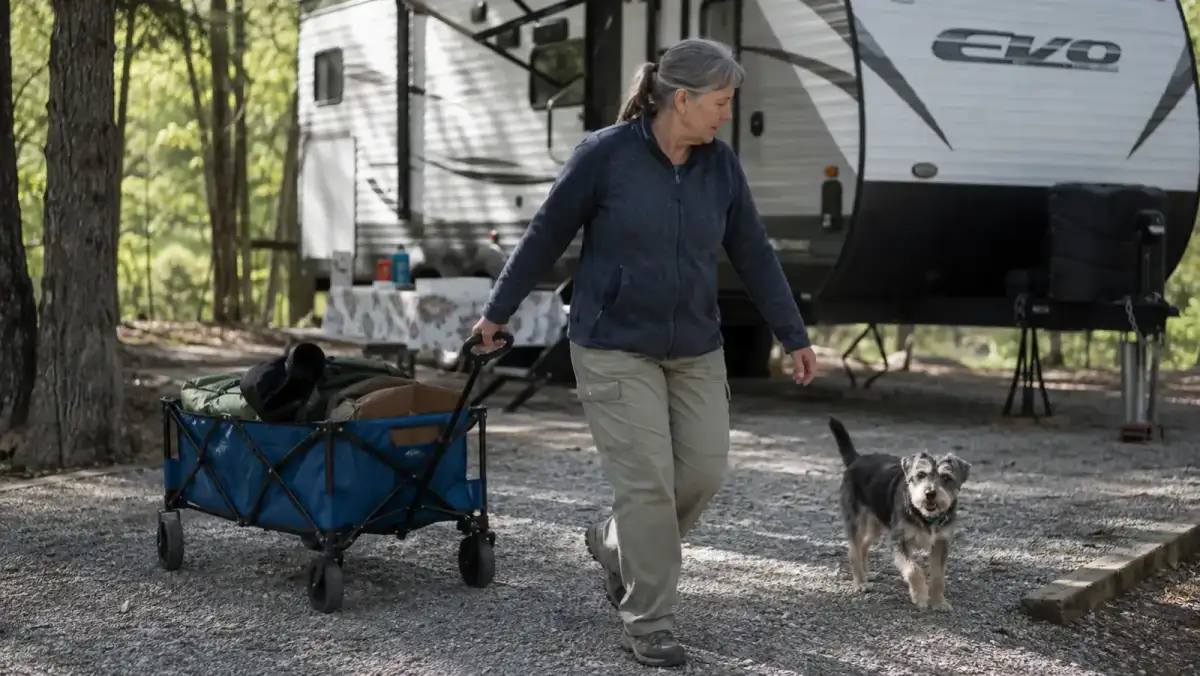 A retired woman pulling a loaded blue folding utility wagon across a gravel campsite pad toward a 24-foot travel trailer