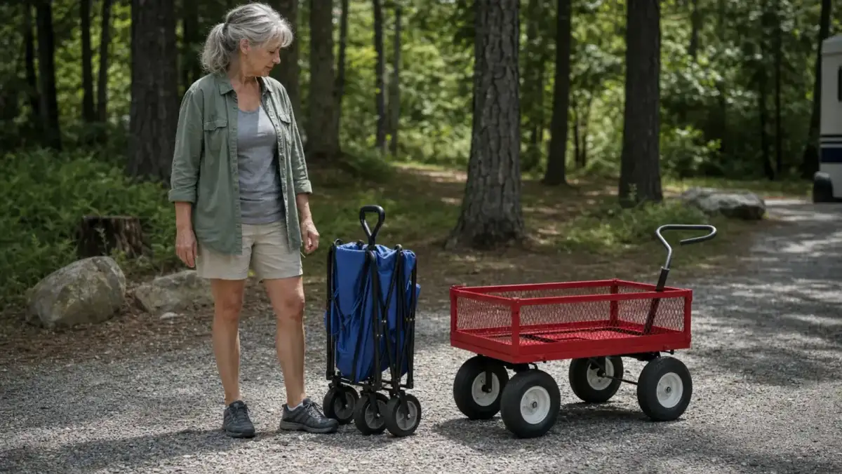 A folded collapsible wagon standing upright next to a full-size rigid red steel wagon on a gravel campsite pad, showing the size difference