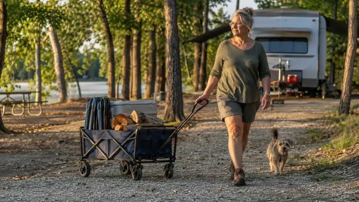 A retired woman pulling a blue collapsible folding wagon loaded with camp gear across a gravel path at a lakeside campground at golden hour, a small mutt dog trotting alongside