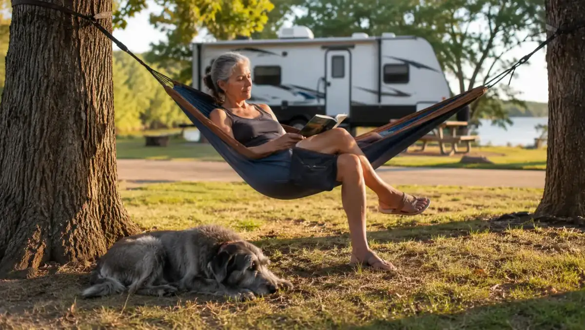 A retired woman sitting in a well-worn camping hammock at a shoreline campsite in late afternoon, a mutt dog resting nearby