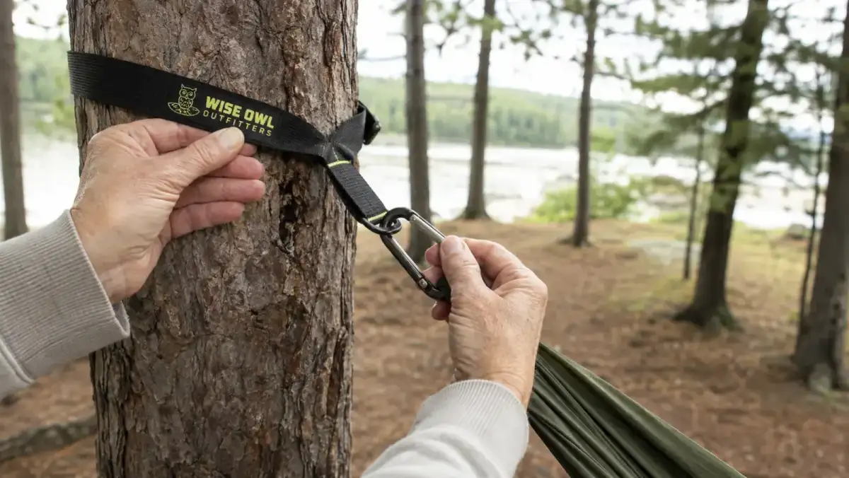 Close-up of hands wrapping a tree strap around a pine trunk to hang a camping hammock solo