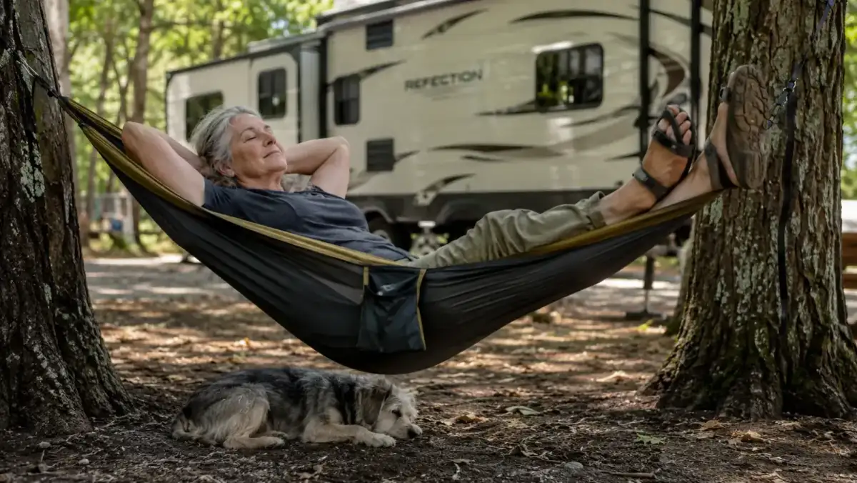 A woman resting in a camping hammock strung between two pines at a shaded campsite, a small mutt dog lying in the shade underneath