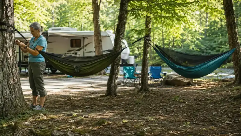 Two camping hammocks side by side strung between trees at a state park campsite, one with tree straps already attached
